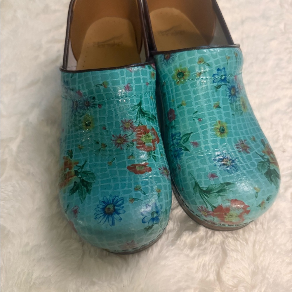 Dansko Blue and Green Floral Mules